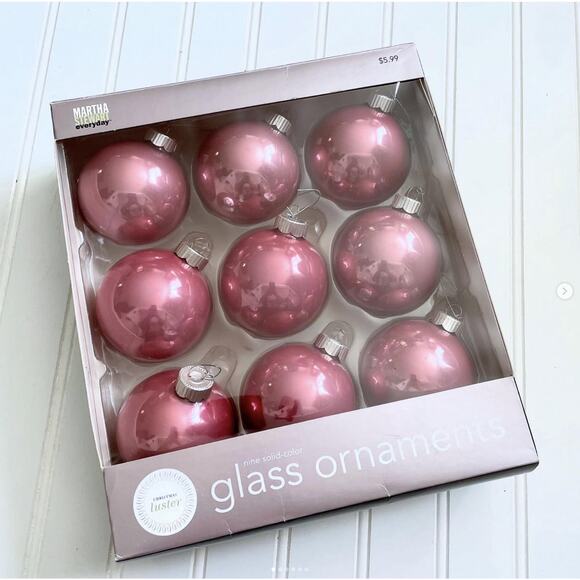 Vintage 2004 Martha Stewart Pink Glass Christmas Luster Round Ornaments Box x9 - Picture 1 of 6